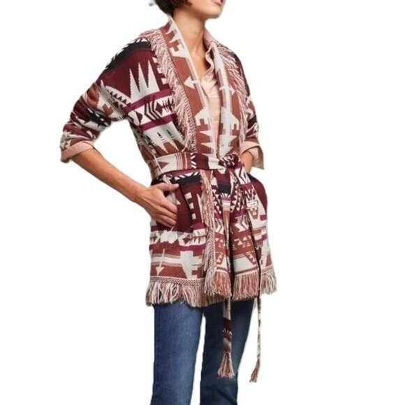 Anthropologie Moth Fringed Southwestern Tribal Belted Cardigan Wrap Sweater XS - Picture 1 of 9